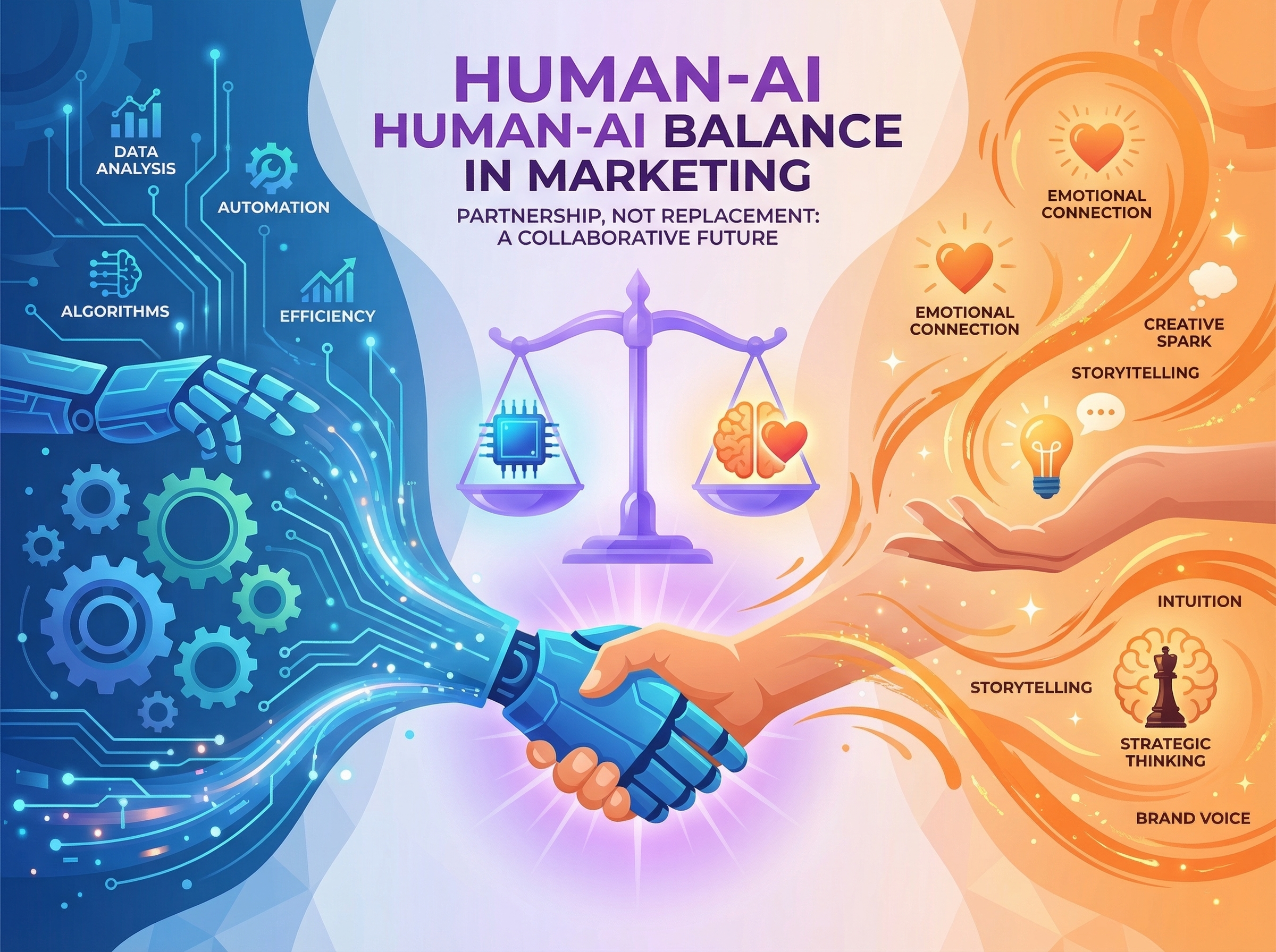 Human and AI balance concept showing partnership between artificial intelligence and human creativity