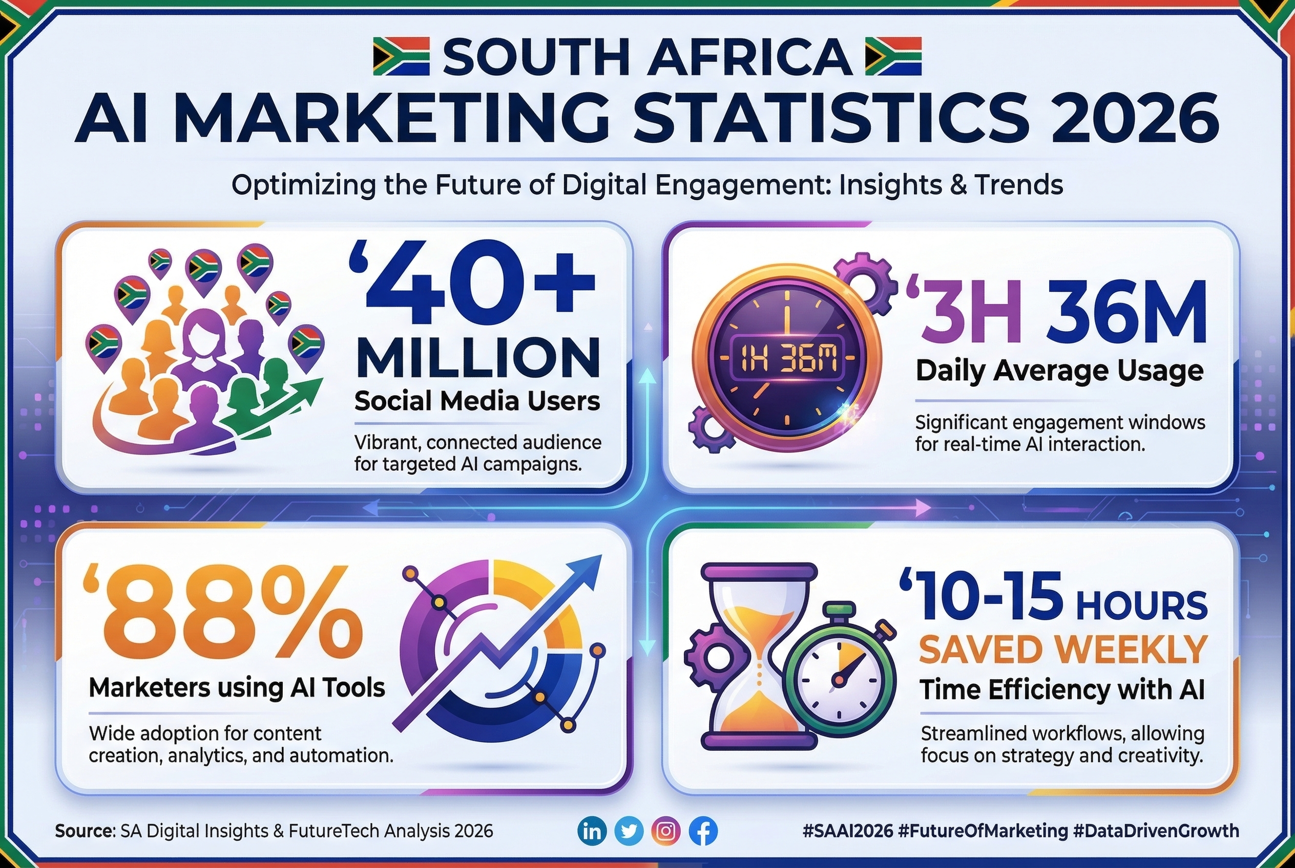 South Africa AI marketing statistics 2026 showing 40 million social media users and 88% marketer adoption